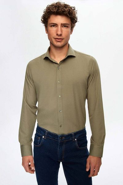 D'S Damat Slim Fit Khaki Classic Tie Tie Μακρύ μανίκι Εύκολο σιδέρωμα πουκάμισο