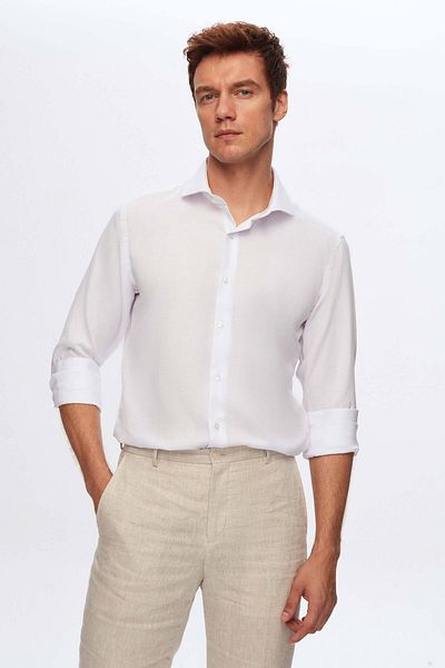 D'S Damat White Slim Fit - Εύκολο σιδέρωμα, μακρυμάνικο Dobby, αναπνεύσιμο για όλες τις εποχές