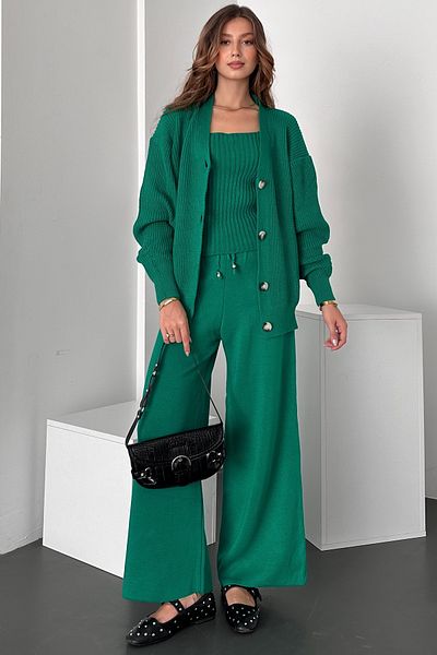 Fav Style Green Women's Knitwear Set - Thick Sling Blouse, Wide Leg Pants and Buttoned Cardigan Set of 3