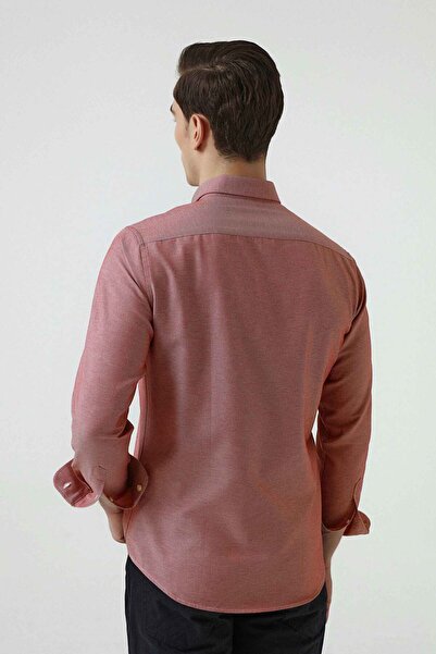 D'S Damat Piros karcsúsított pamut ing - Dobby, gombos gallérral