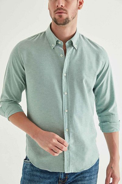 D'S Damat Slim Fit zöld Dobby gombos galléros pamut ing
