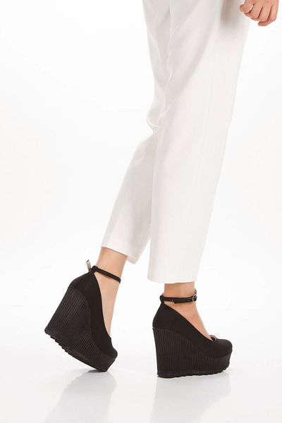 MFT AYAKKABI Black Suede Women's Wedge Heeled Shoes - 11 cm