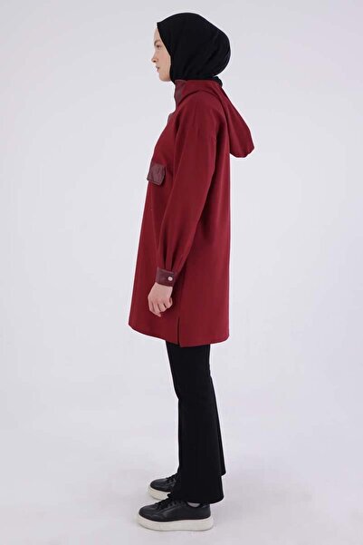 ALLDAY Bordo-Deri Garnili Kapüşonlu Sweat Tunik