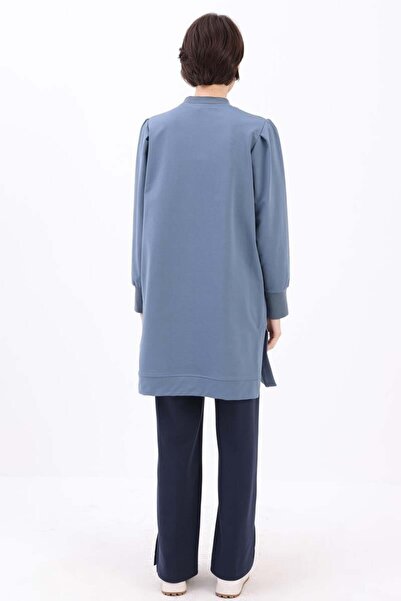 ALLDAY Mavi-TAŞ YAZILI KOLU PİLELİ YANI YIRTMAÇLI TUNİK