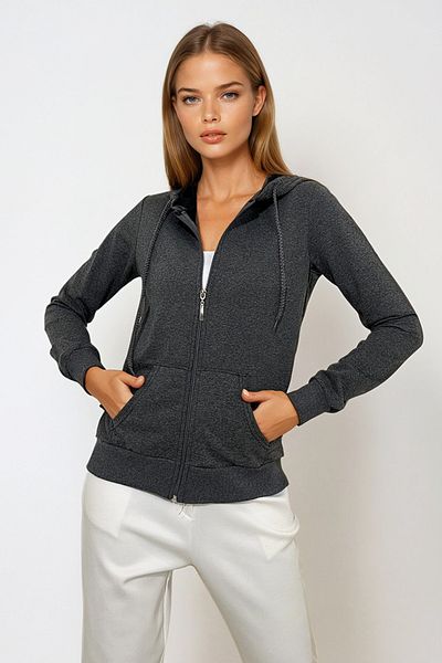 VAGGON Women's Anthracite Hooded Double Pocket Zippered Oversize Sweatshirt Prmx667-001