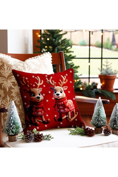 Şah Dekor Новорічна подушка з цифровим принтом на червоному тлі з оленями, 4 шт.