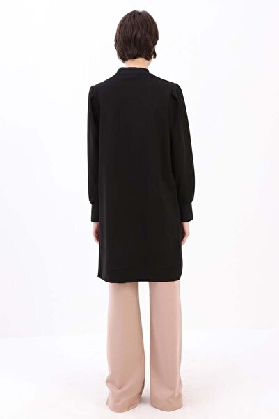 ALLDAY Siyah-TAŞ YAZILI KOLU PİLELİ YANI YIRTMAÇLI TUNİK