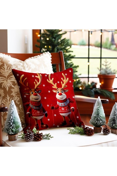 Şah Dekor Újévi témájú, piros háttérű, szarvas mintás, 4 részes digitális nyomtatott ajándék párnahuzat