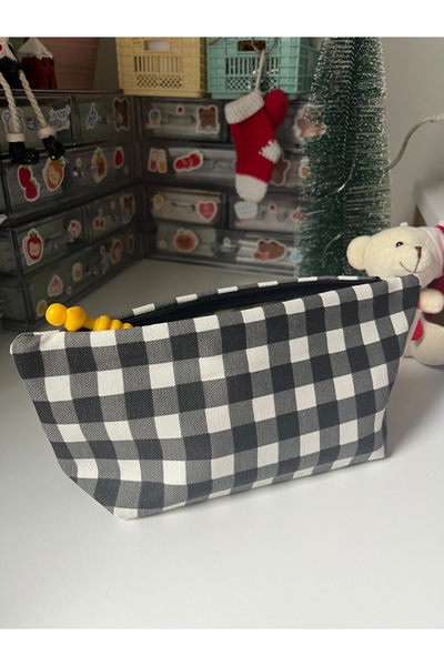 sumicorn Siyah Pötikareli Yıkanabilir Fermuarlı Tek Gözlü Bez Kalemlik Kalem Kutusu Cüzdan Makyaj Çantası