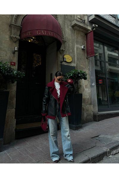 İLKCET MODA Burgundy Plush Inside Oversize Women's Coat
