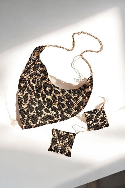 PETEK AKSESUAR ŞAL MODEL LEOPAR ZIRH METAL TASARIM KOLYE KÜPE SET