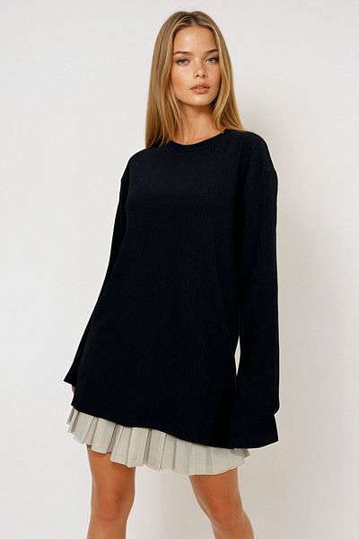 VAGGON Μαύρη Oversize Basic Μπλούζα - Εποχιακή με λαιμόκοψη και λεπτομέρεια σκισίματος Vgn-x9035