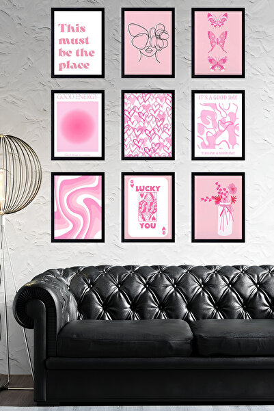 Positive Energy 9-Piece Modern MDF Painting Set with Pink Wall Decor Frame Look - Home Decoration
