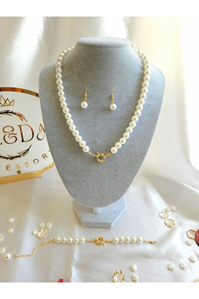 LE&DA Accessory İnci Gemici Kilit Set Üçlü 14 Ayar Altın Kaplama Gemici Kilit Sistemli Altın Takılabilen Set