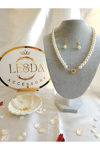 LE&DA Accessory İnci Gemici Kilit Set Üçlü 14 Ayar Altın Kaplama Gemici Kilit Sistemli Altın Takılabilen Set