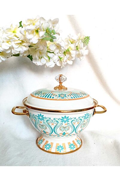 EBRULİEMAYE Turkuaz Kordon Emaye Ayaklı Kapaklı Yemek Salata Meyve Tatlı Sunu...