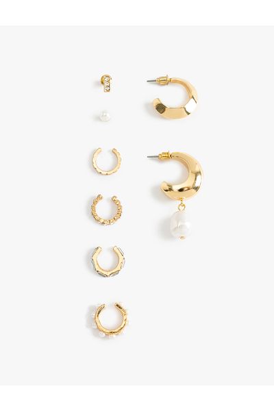 Koton Pearl and Stone Detailed Hoop and Cartilage Earring Set