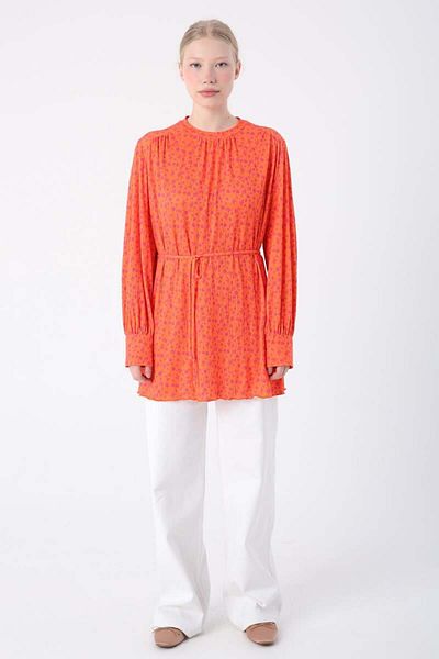 ALLDAY Orange-Fuchsia-Patterned Comfortable Pleated Tunic with Piping Belt