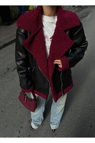 İLKCET MODA Burgundy Plush Inside Oversize Women's Coat