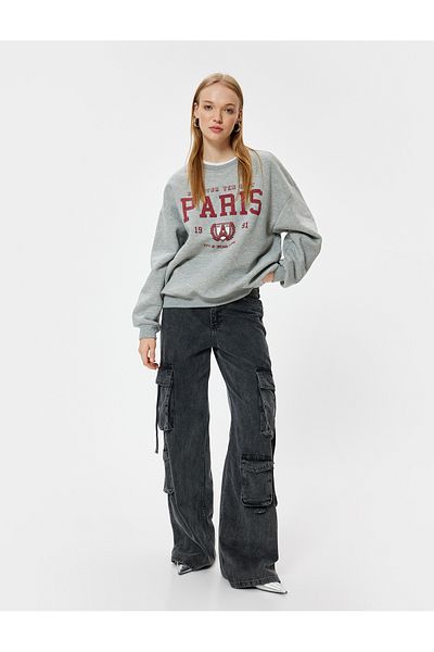 Koton College Printed Oversize Sweatshirt - Crew Neck, Ribbed