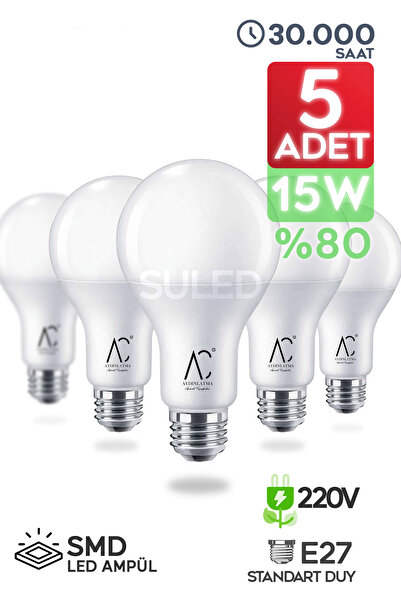 SULED Tasarruflu Led Ampül 5'li Set 15w Güçlü Aydınlatma Smd Led Beyaz Işık 6500k E27 Standart Lamba