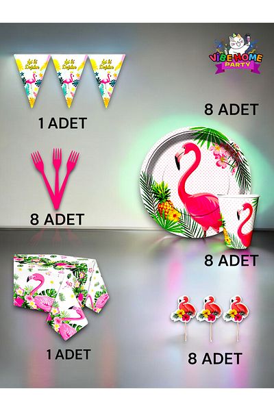 VibeHome Flamingo Themed Premium Set for 8 - Birthday Party and Fun Events