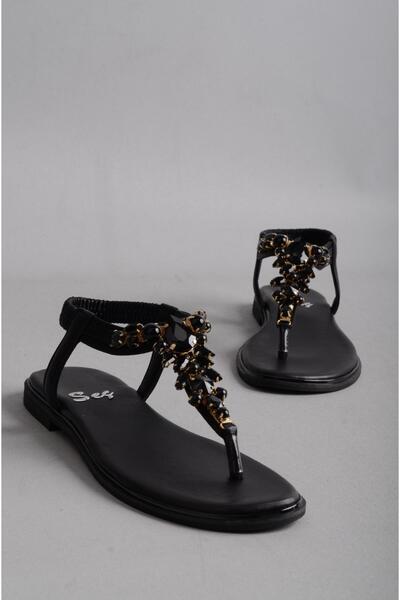 SEÇ KUNDURA SEÇ 214 TAŞLI PARMAK ARASI HAKİKİ DERİ SANDALET SİYAH