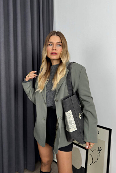 Sue Store Χακί Φιλέτο Τσέπη με επένδυση Oversize Blazer Jacket