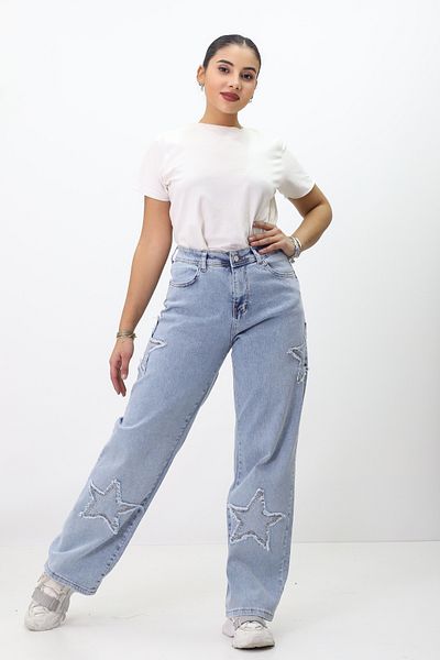 GZT TEKSTİL Pantaloni de damă cu talie înaltă, cu detaliu stea, blugi