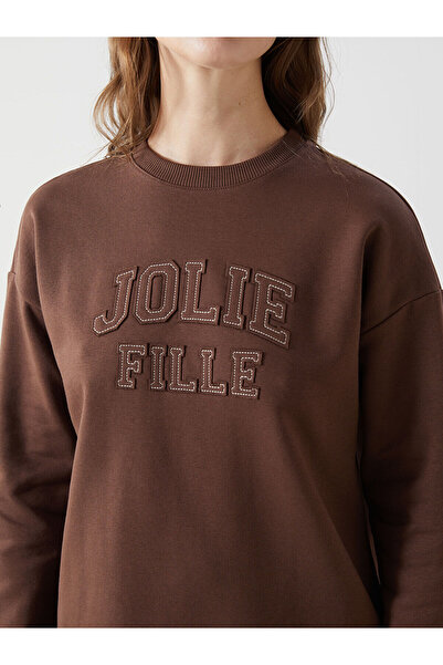 LC Waikiki Γυναικείο χοντρό φούτερ τουνίκ LCW Modest Brown Crew Neck Κέντημα