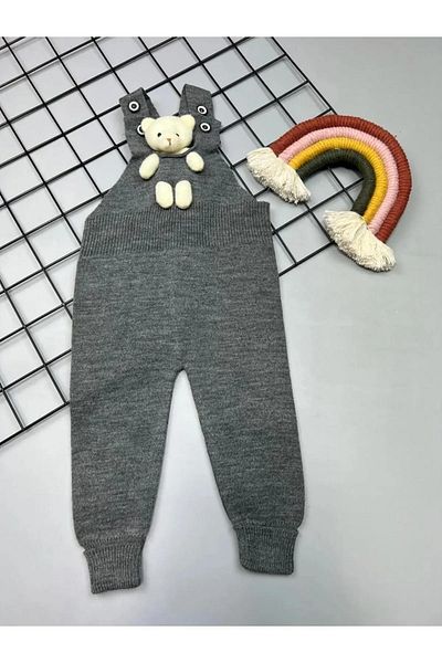 ZARİNA Buttoned Baby Kids Knitwear Salopet with Teddy Bear