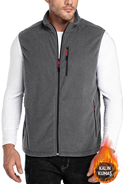 SUVASS CO Erkek Koyu Gri Çok Cepli Polar Yelek