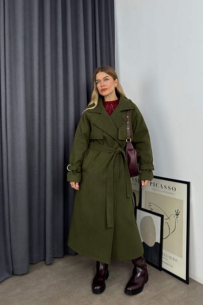Sue Store Khaki Green Oversize Woolen Coat with Belt and Windbreaker Lining
