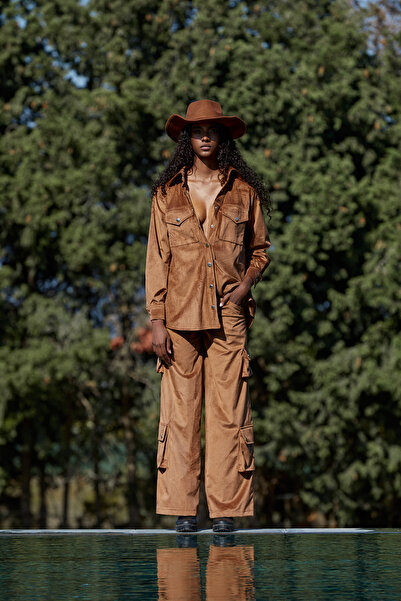 Nur OSKAY Valeria, Kahve Fitilli Kadife Pantolon Gömlek Takım