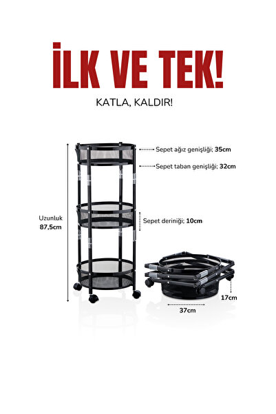 Cornella 3 Katlı Pratik Katlanır Metal Siyah Renk Tekerlekli Çok Amaçlı Sepet