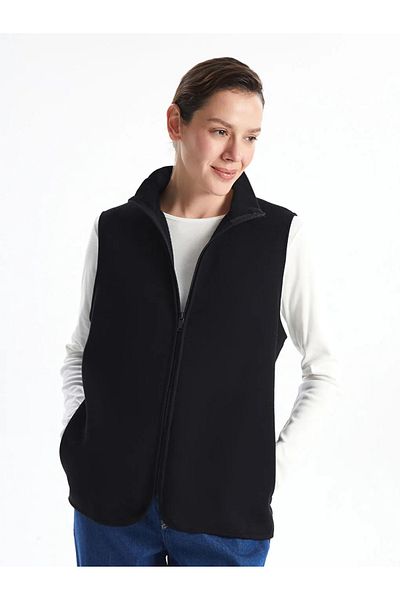 LC Waikiki Lcwaikiki Basic Black Women's Stand Collar Solid Fleece Vest