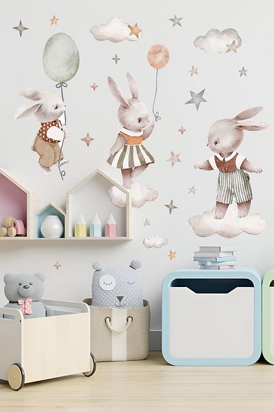 Grafikup Αυτοκόλλητο τοίχου Flying Rabbits - Σύννεφα και αστέρια