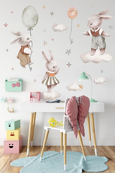Grafikup Αυτοκόλλητο τοίχου Flying Rabbits - Σύννεφα και αστέρια