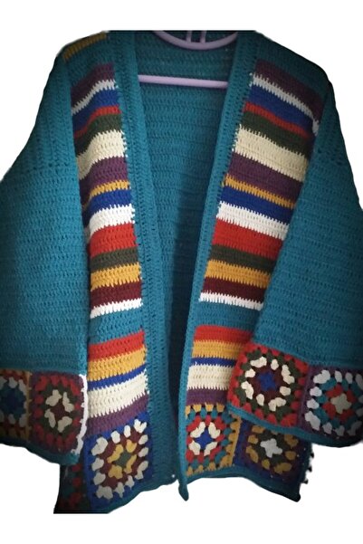 eL&Ma Design El Örgüsü Otantik Etnik Motifli Büyük Beden Turkuaz Koton Hırka