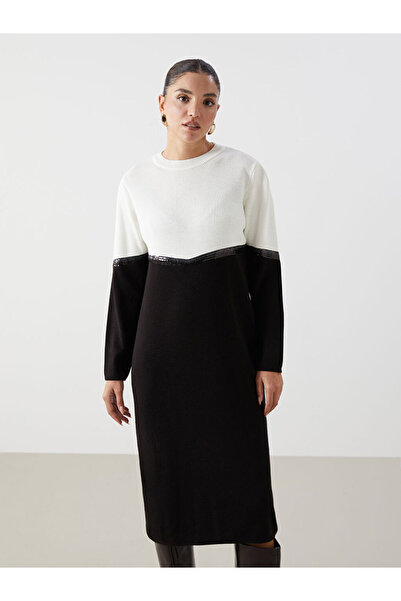 LC Waikiki LCWAIKIKI Classic Siyah Bisiklet Yaka Renk Bloklu Kadın Triko Elbise