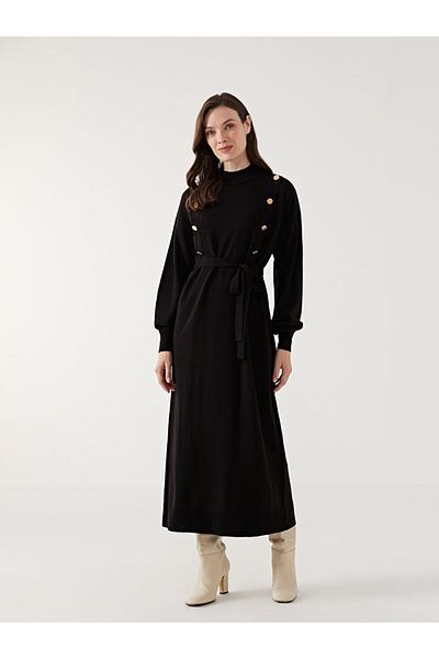 LC Waikiki Lcw Modest Black Stand Collar Women's Knitwear Dress