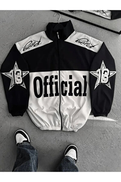 Lushen Siyah Beyaz Official Unisex Paraşüt Kumaş Oversize Baskılı Siyah Rüzga...