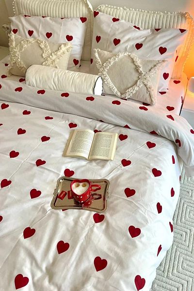 BESTİNA GOLD Red Double Heart Cotton Duvet Cover Set - Without Anvil