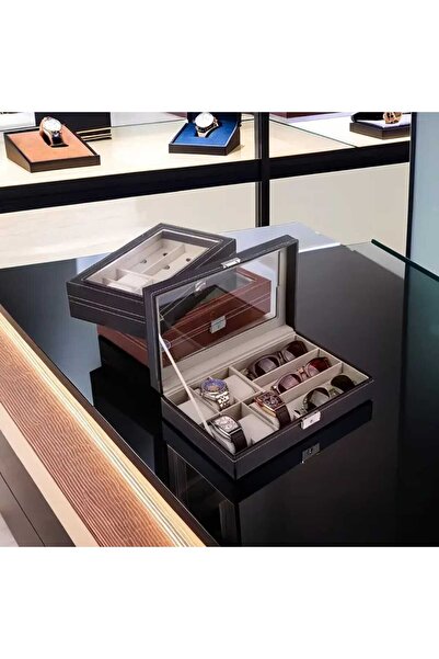 zyc 9 Yuvalı (6+3) Lüks Deri Cam Kapaklı Şık Tasarıma Sahip Saat Ve Gözlük  S...