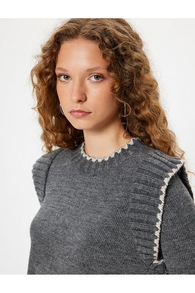 Koton Crew Neck Frill Detailed Knitwear Sweater - Long Sleeve