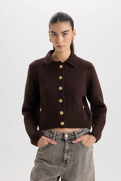 DeFacto Regular Fit Polo Neck Buttoned Knitwear Cardigan D8808Ax24Wn