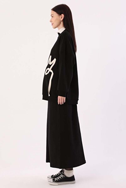 ALLDAY Siyah Oversize Şardonlu Şerit Detaylı Sweatshirt