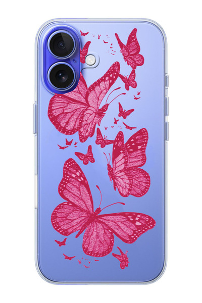 moonset Iphone 16 Uyumlu Pembe Kelebekler Tasarımlı Baskılı Şeffaf Telefon Kı...