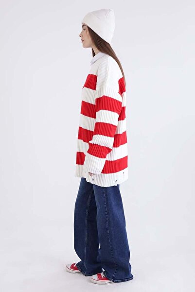 ALLDAY Red-Ecru-Ripped Detailed Knitwear Sweater