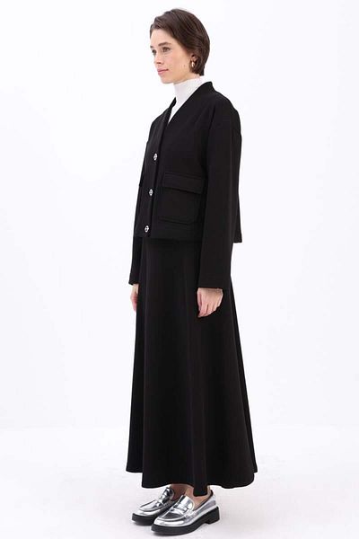 ALLDAY Black-Metal Buttoned Charted Skirt Suit